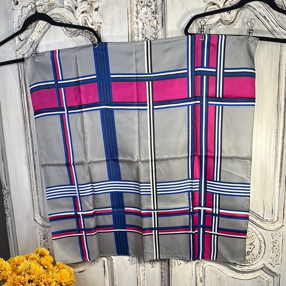 Gray Plaid Scarf with Pink and Blue Accents - Picture 4 of 5